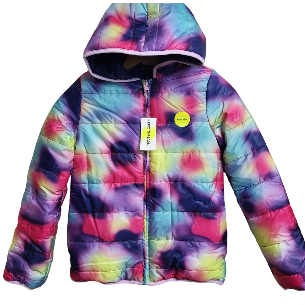 Epic Threads Girls L 14 16 Reversible Puffer Jacket Tie‎ Dye Rainbow Hooded NWT